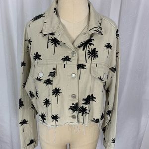Signature8 beige denim cropped jacket with palm trees